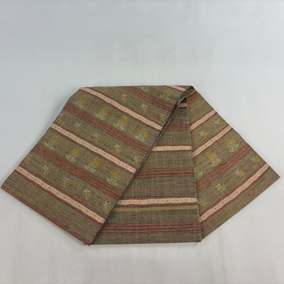 【美品】 袋帶 逸品級 落款 草花紋 段紋 金通 金金箔 淺茶 細鼓圖案 純蠶絲