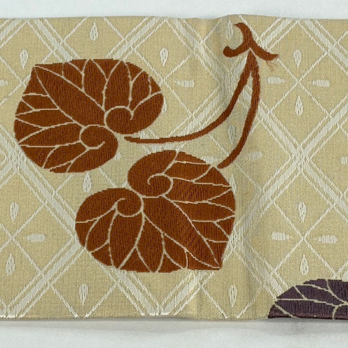 名古屋帶 逸品級 葵 菱 刺繡 米色 純蠶絲