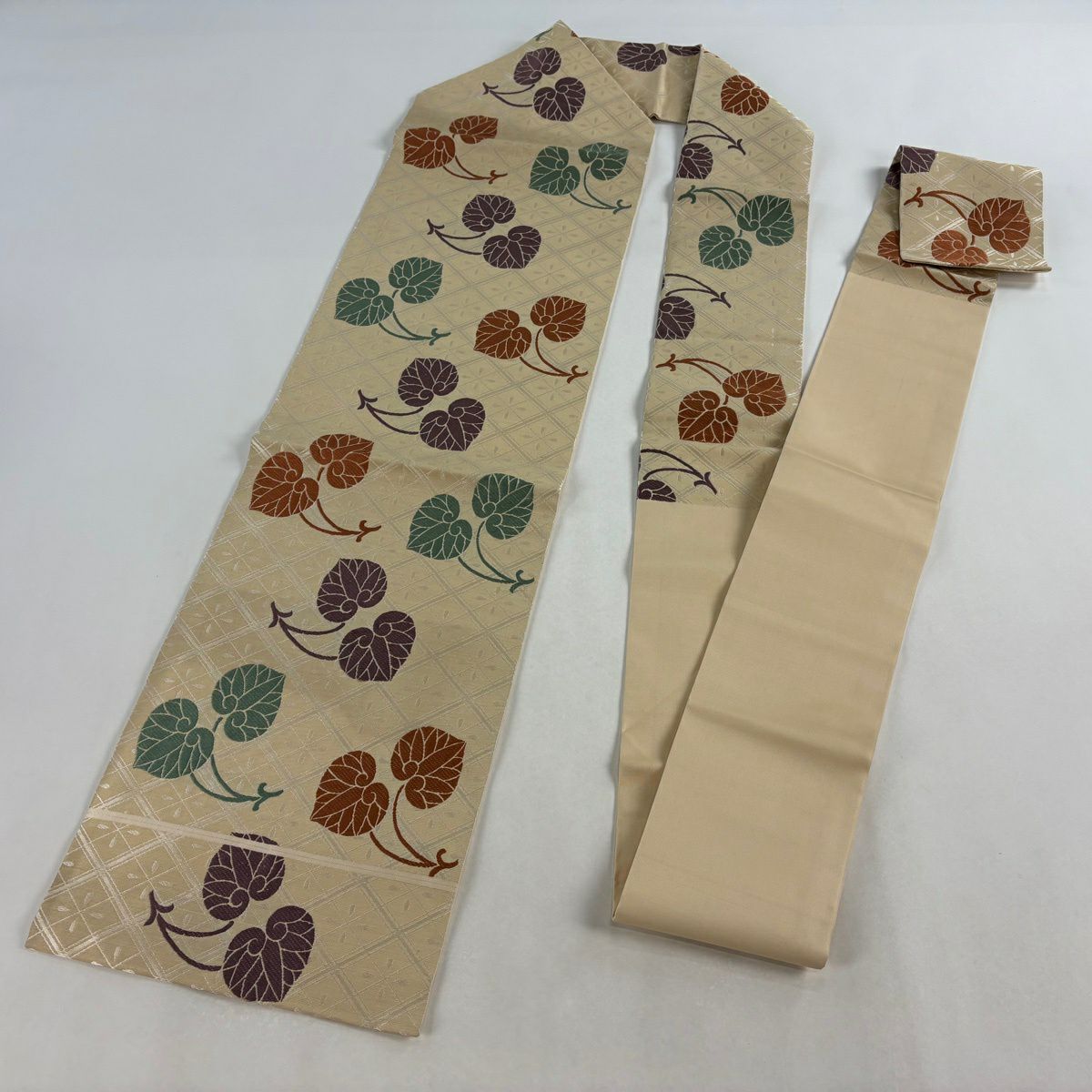名古屋帶 逸品級 葵 菱 刺繡 米色 純蠶絲