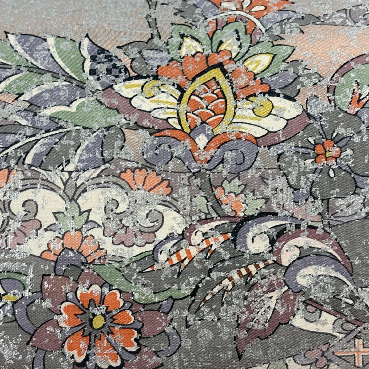 袋帶 逸品級 附有落款 牛首紬織 華紋 花唐草紋 金銀彩 奶油色 全通 純蠶絲
