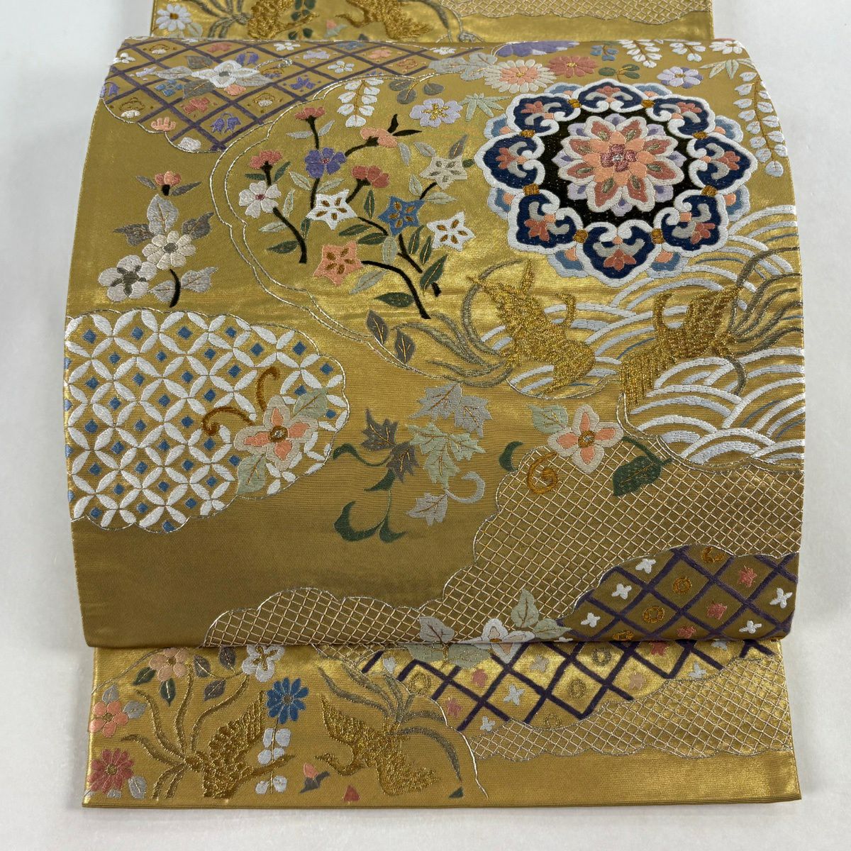 【美品】 袋帶 逸品級 華紋 花鳥 刺繡 金銀彩 金 六通 純蠶絲