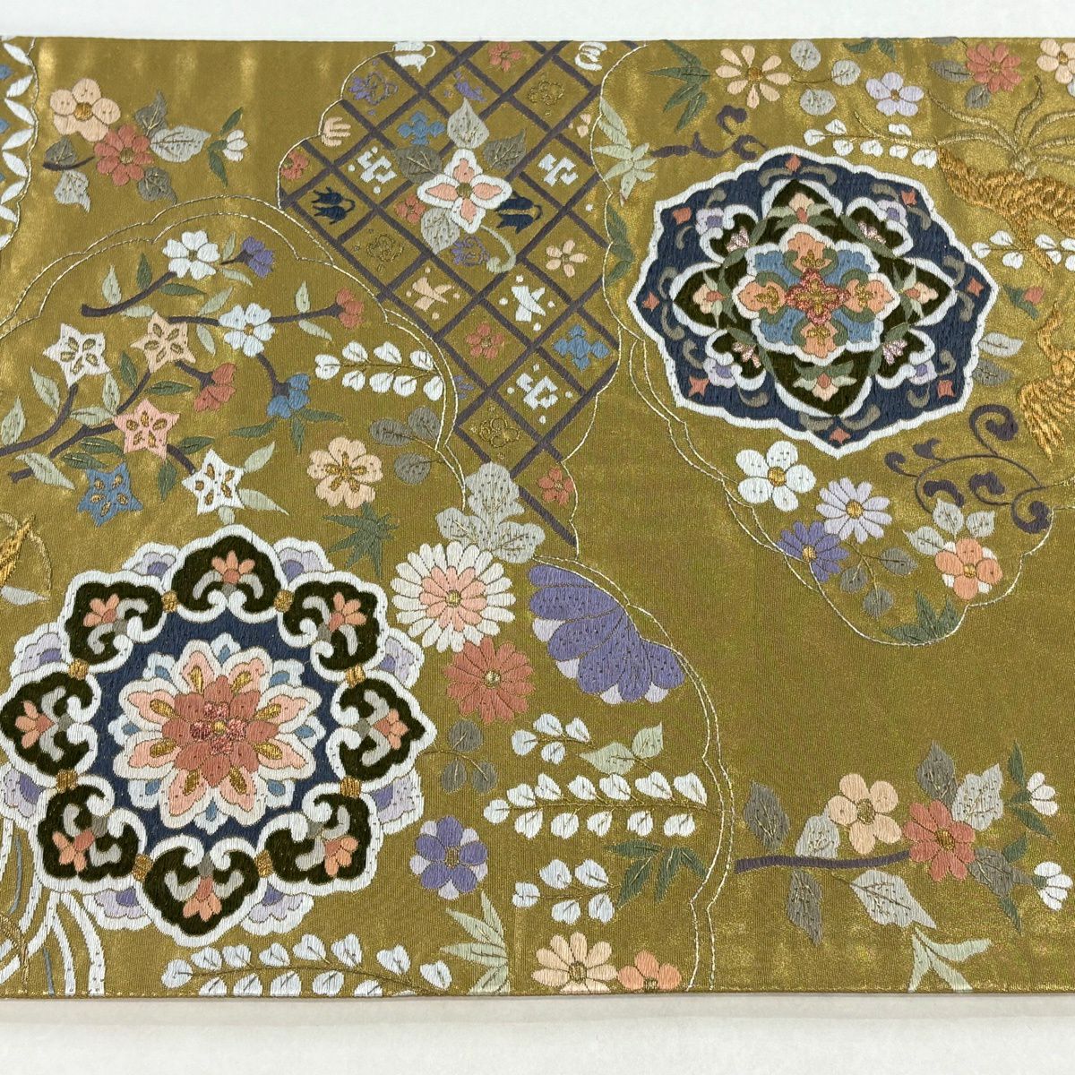 【美品】 袋帶 逸品級 華紋 花鳥 刺繡 金銀彩 金 六通 純蠶絲