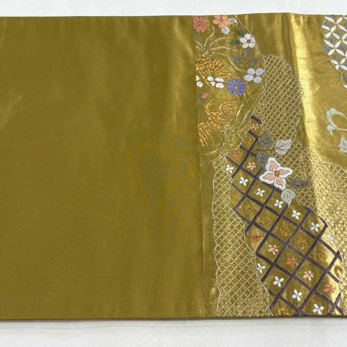 【美品】 袋帶 逸品級 華紋 花鳥 刺繡 金銀彩 金 六通 純蠶絲