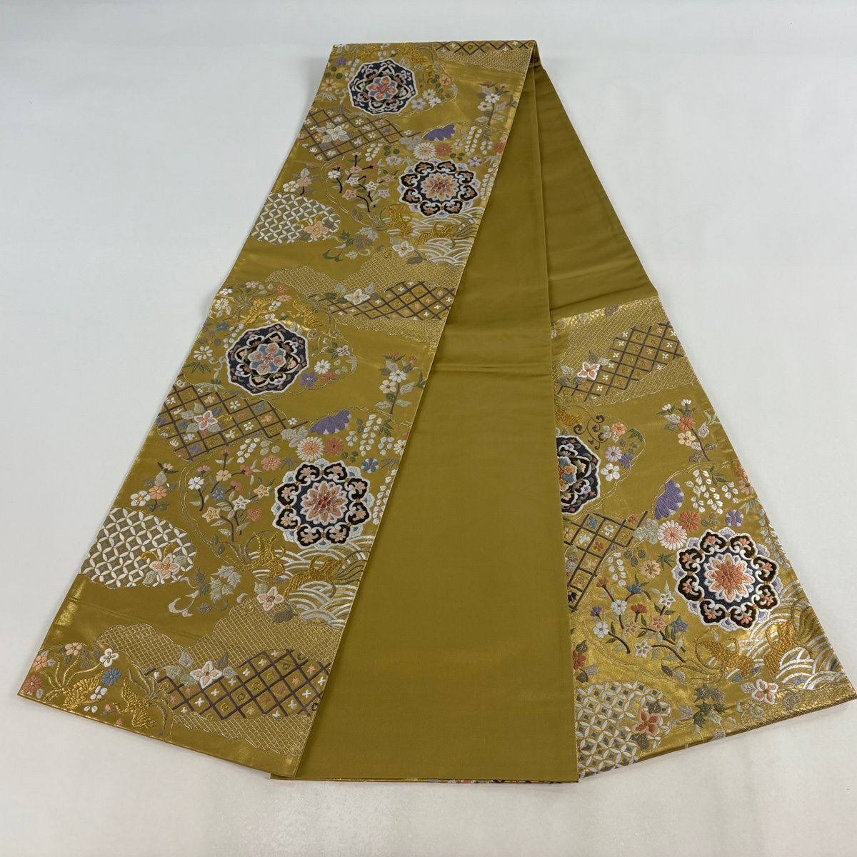 【美品】 袋帶 逸品級 華紋 花鳥 刺繡 金銀彩 金 六通 純蠶絲