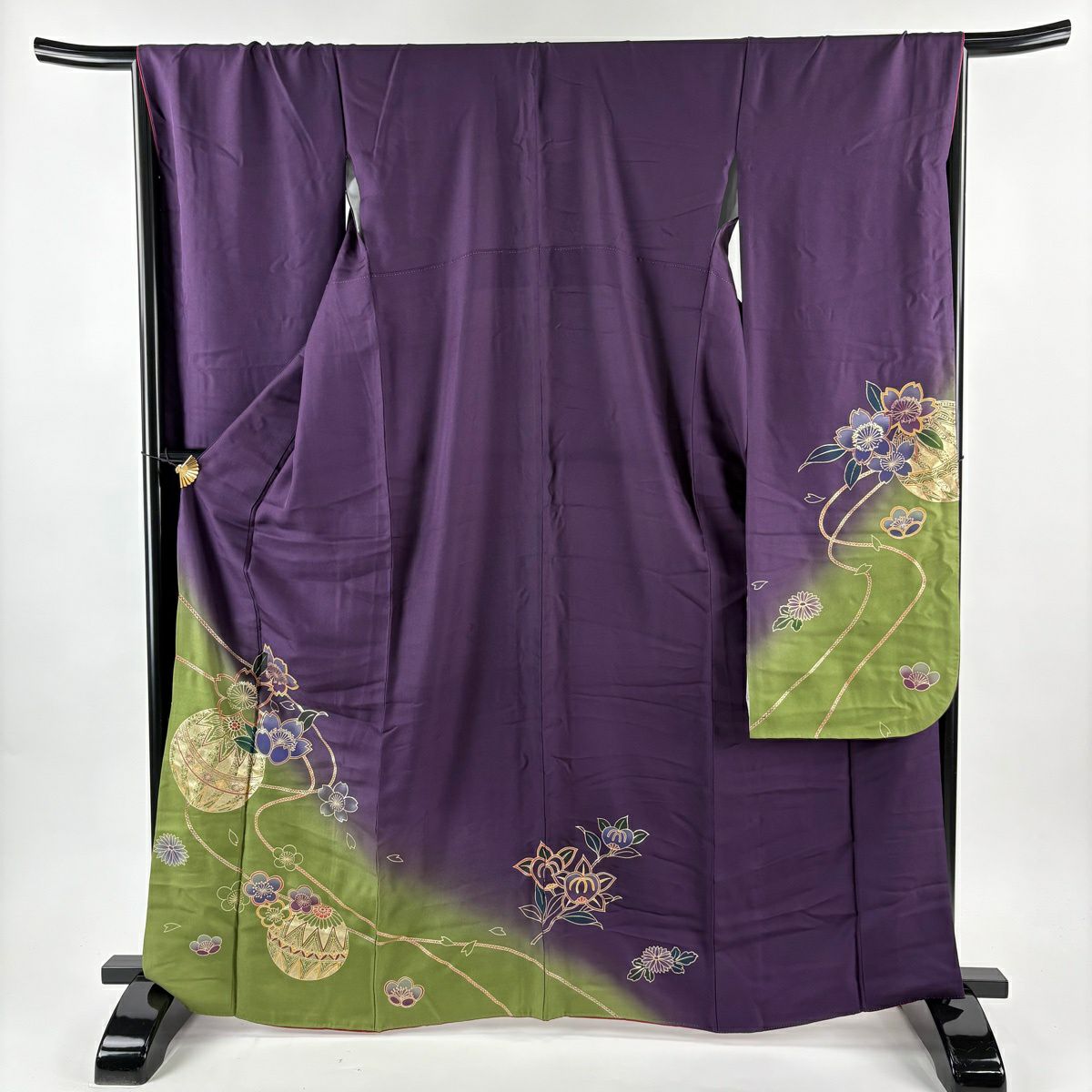 振袖禮服 身長166cm 袖長68.5cm L 雙層 手鞠 櫻花 金銀彩 染分 紫 純蠶絲 名品級