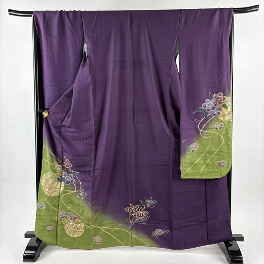 振袖禮服 身長166cm 袖長68.5cm L 雙層 手鞠 櫻花 金銀彩 染分 紫 純蠶絲 名品級