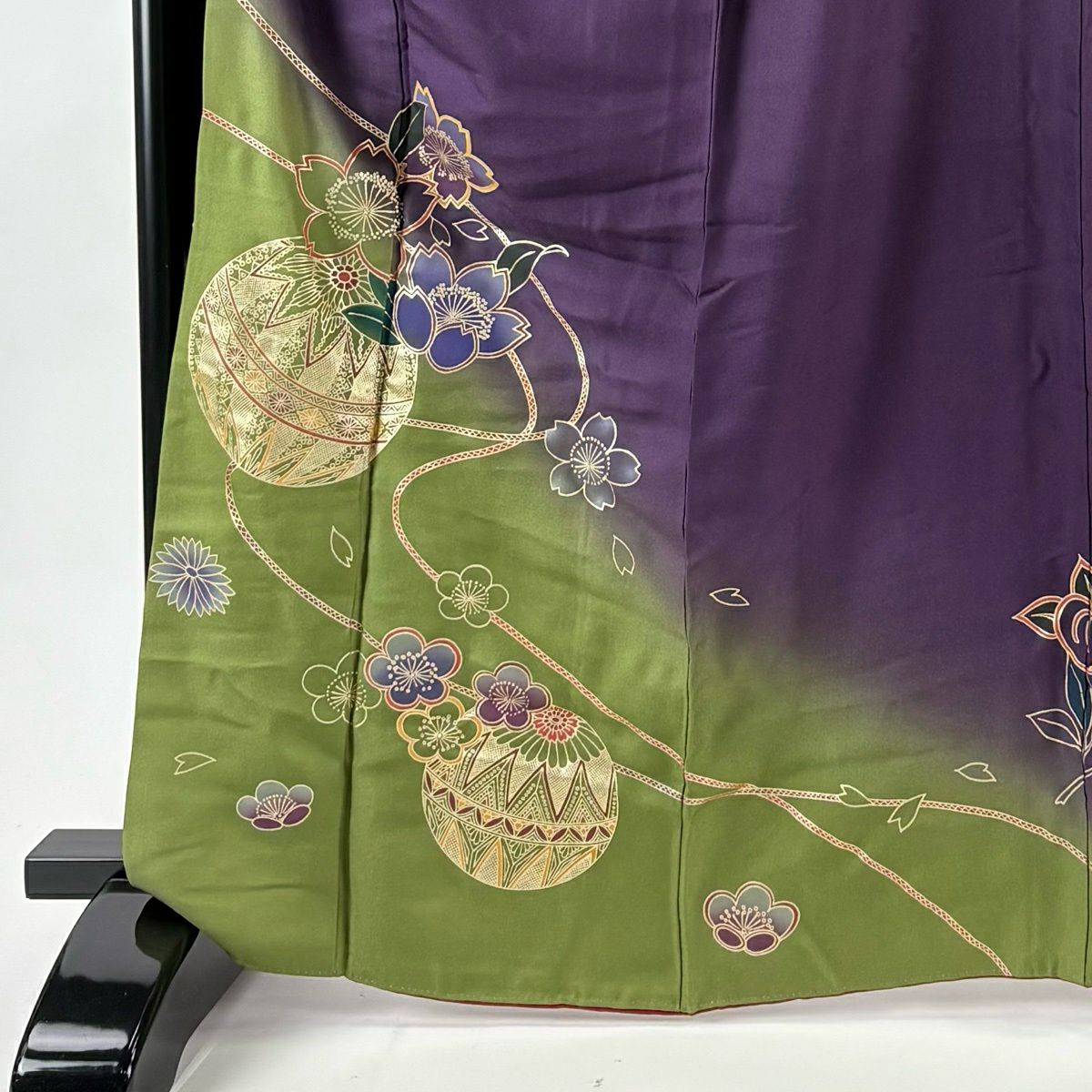 振袖禮服 身長166cm 袖長68.5cm L 雙層 手鞠 櫻花 金銀彩 染分 紫 純蠶絲 名品級
