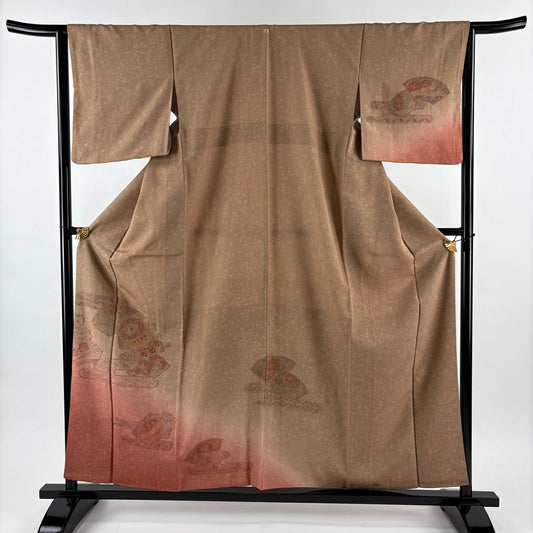 付下 身長157.5cm 袖長64.5cm M 雙層 扇子面 ヱ霞 刺繡 漸層 淺茶 純蠶絲 名品級 一つ紋