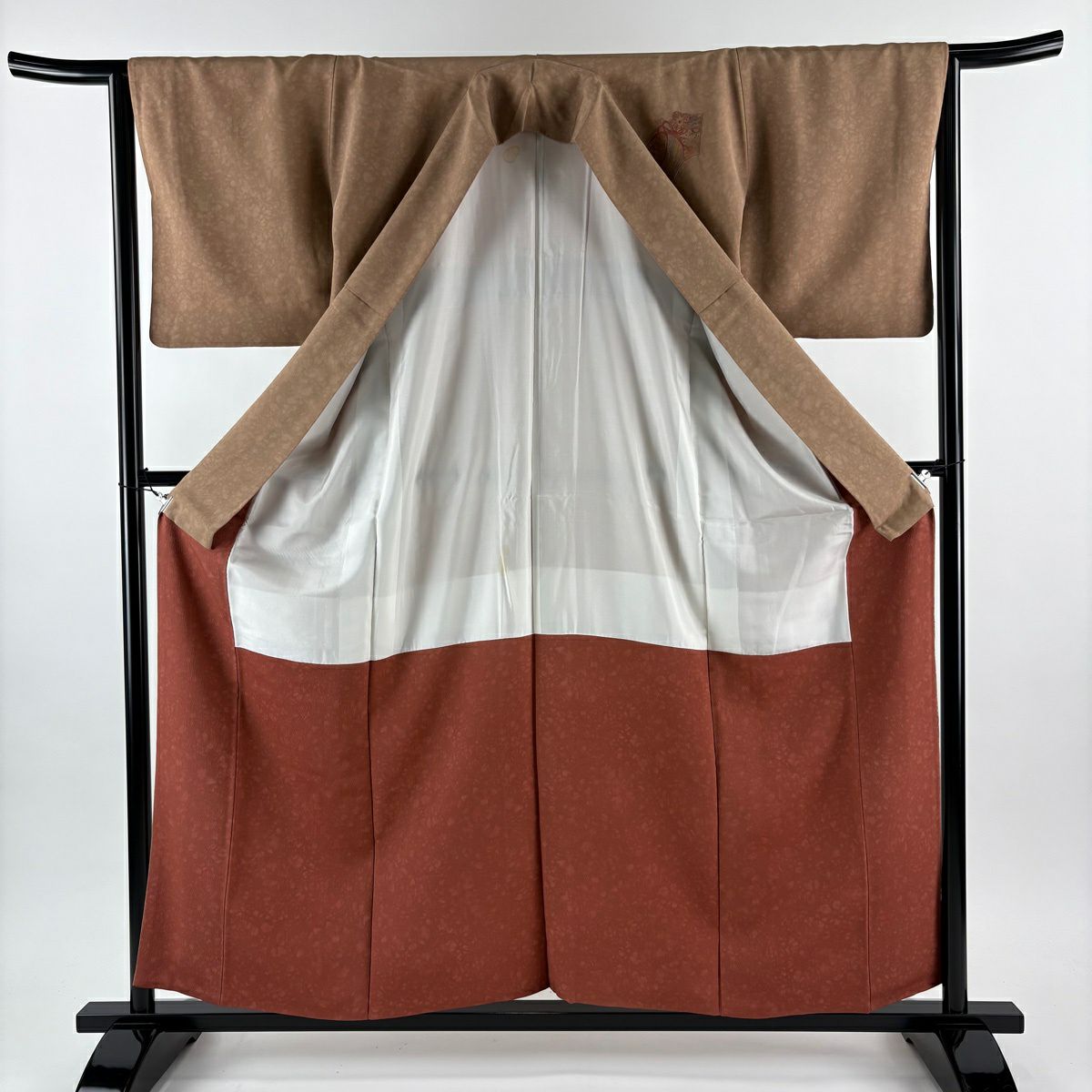付下 身長157.5cm 袖長64.5cm M 雙層 扇子面 ヱ霞 刺繡 漸層 淺茶 純蠶絲 名品級 一つ紋