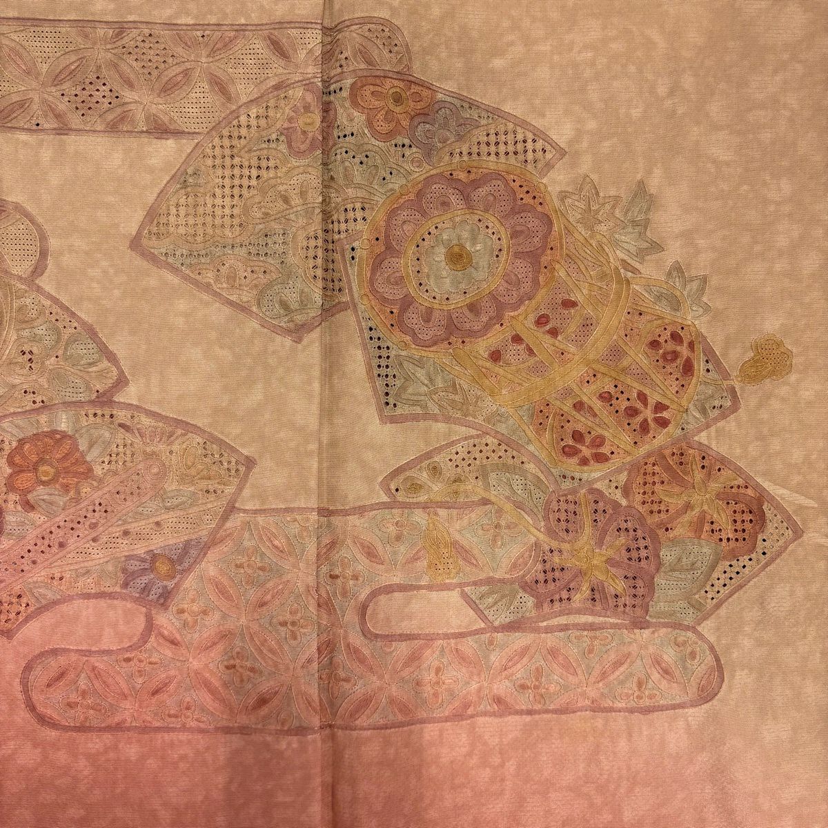 付下 身長157.5cm 袖長64.5cm M 雙層 扇子面 ヱ霞 刺繡 漸層 淺茶 純蠶絲 名品級 一つ紋