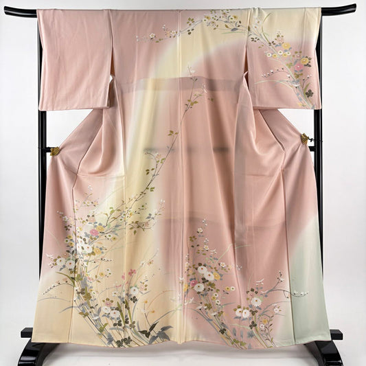 訪問服 身長163.5cm 袖長68cm L 雙層 菊花 草花紋紋 漸層 淺粉色 純蠶絲 名品級