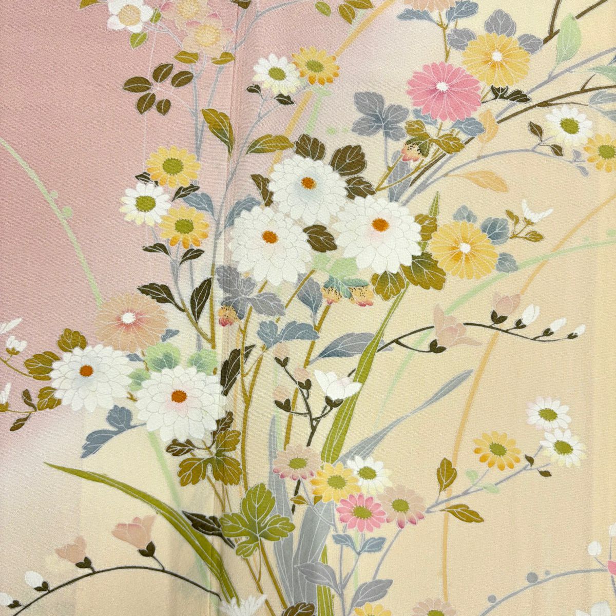 訪問服 身長163.5cm 袖長68cm L 雙層 菊花 草花紋紋 漸層 淺粉色 純蠶絲 名品級