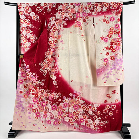 【美品】振袖禮服 身長166.5cm 袖長67cm M 雙層 手鞠 草花紋紋 金銀彩 刺繡 紅 純蠶絲 名品級
