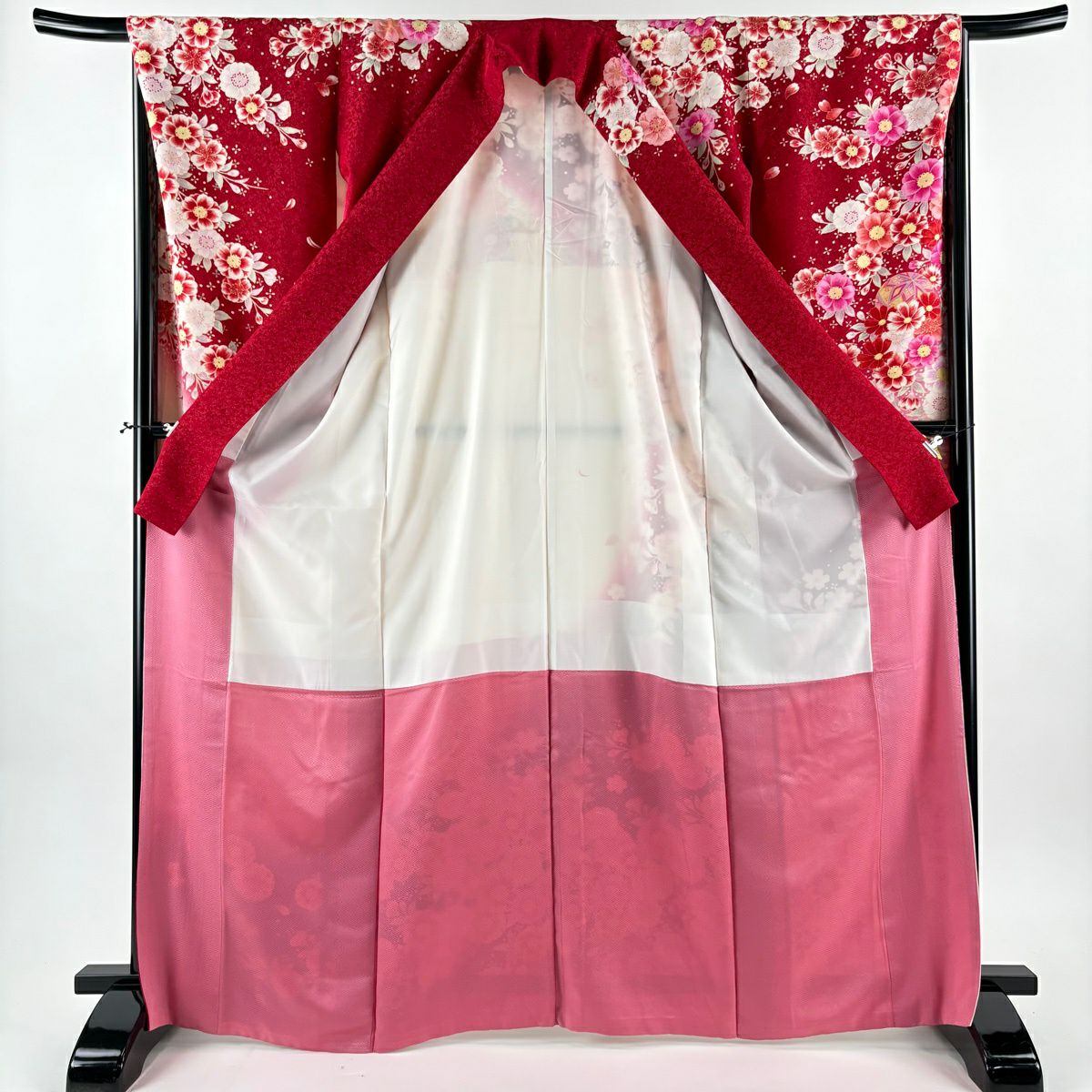 【美品】振袖禮服 身長166.5cm 袖長67cm M 雙層 手鞠 草花紋紋 金銀彩 刺繡 紅 純蠶絲 名品級