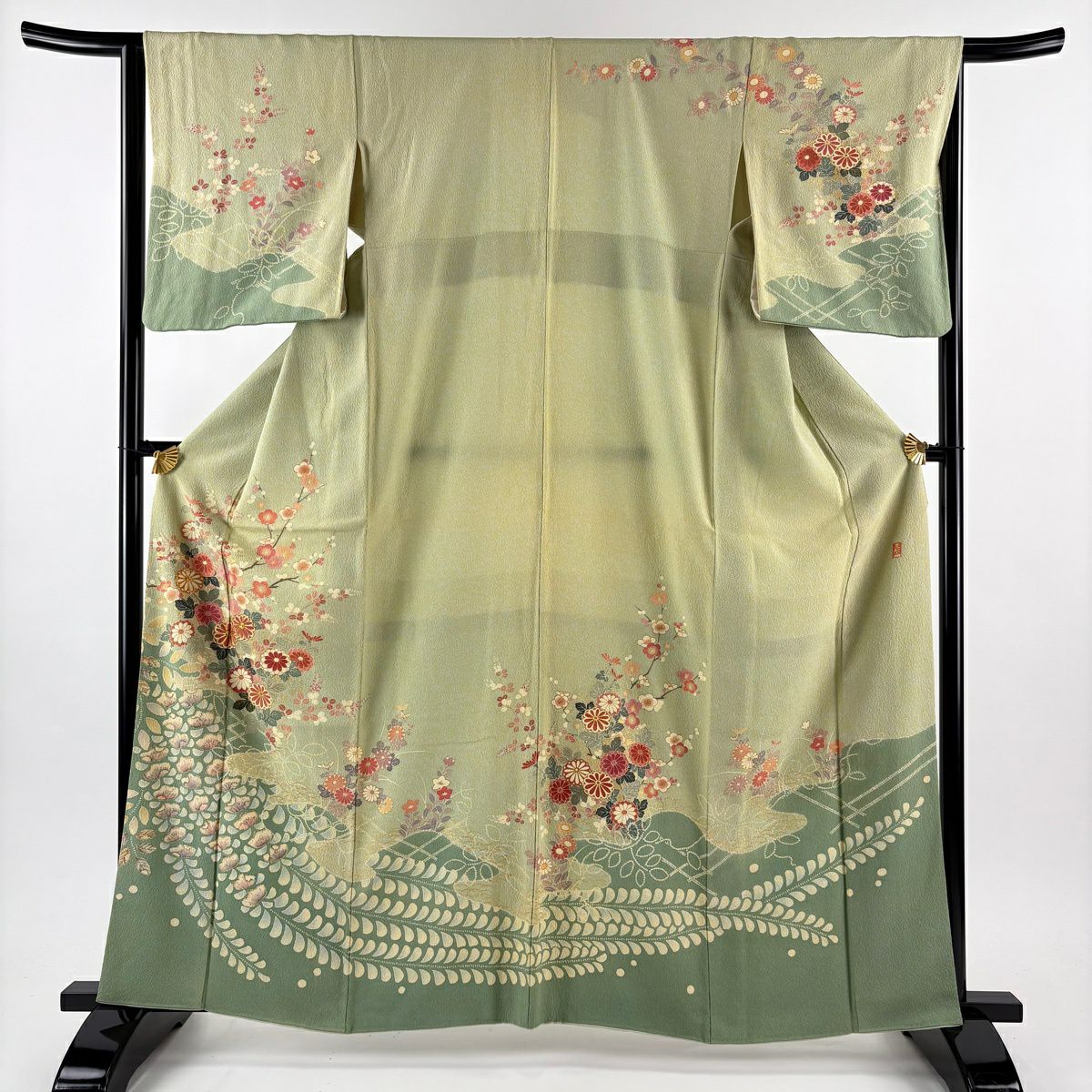 訪問服 身長162.5cm 袖長65cm M 雙層 菊花 枝梅花 金絲 金銀彩 淺綠 純蠶絲 名品級