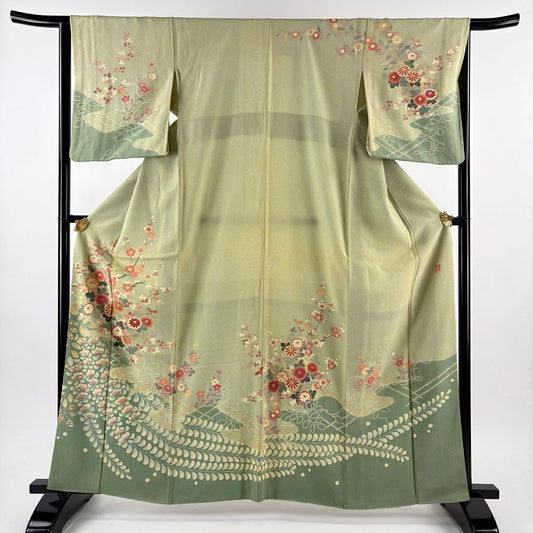 訪問服 身長162.5cm 袖長65cm M 雙層 菊花 枝梅花 金絲 金銀彩 淺綠 純蠶絲 名品級