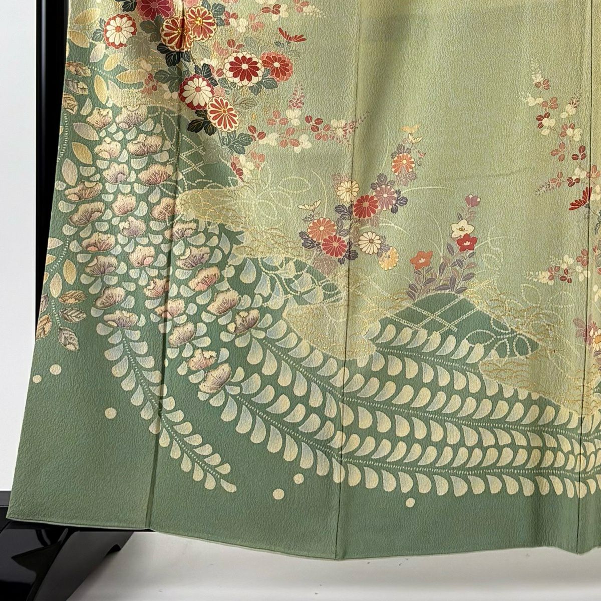 訪問服 身長162.5cm 袖長65cm M 雙層 菊花 枝梅花 金絲 金銀彩 淺綠 純蠶絲 名品級