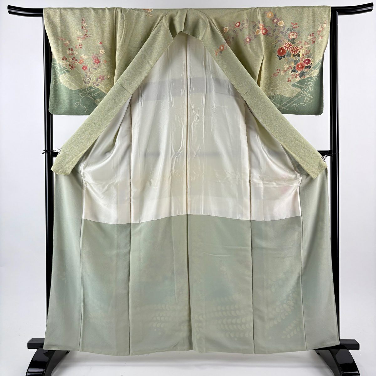 訪問服 身長162.5cm 袖長65cm M 雙層 菊花 枝梅花 金絲 金銀彩 淺綠 純蠶絲 名品級