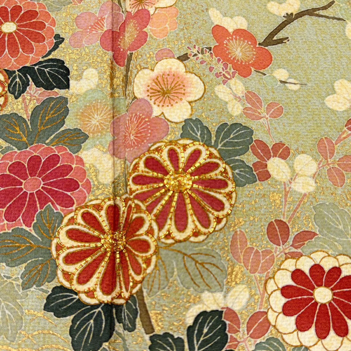 訪問服 身長162.5cm 袖長65cm M 雙層 菊花 枝梅花 金絲 金銀彩 淺綠 純蠶絲 名品級