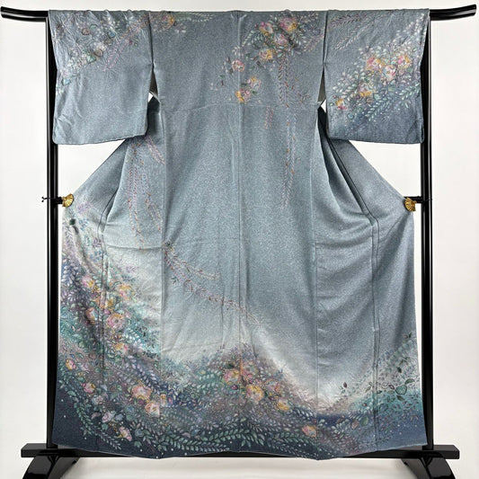 訪問服 身長159cm 袖長66.5cm M 雙層 辻花染 金彩裝飾 漸層 青灰 純蠶絲 名品級