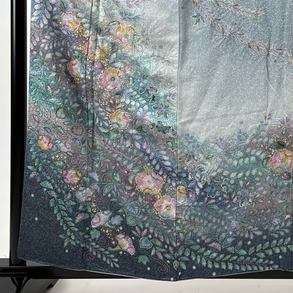 訪問服 身長159cm 袖長66.5cm M 雙層 辻花染 金彩裝飾 漸層 青灰 純蠶絲 名品級