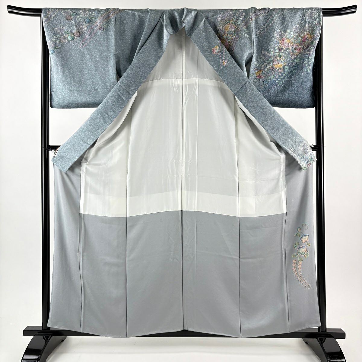 訪問服 身長159cm 袖長66.5cm M 雙層 辻花染 金彩裝飾 漸層 青灰 純蠶絲 名品級