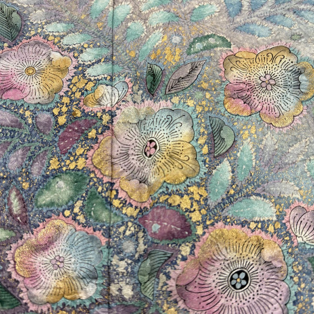 訪問服 身長159cm 袖長66.5cm M 雙層 辻花染 金彩裝飾 漸層 青灰 純蠶絲 名品級