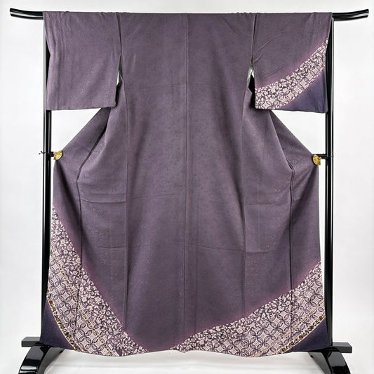 付下 身長161.5cm 袖長66.5cm M 雙層 花唐草紋 七寶紋 漸層 紫 純蠶絲 名品級