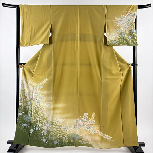 【美品】訪問服 身長162cm 袖長65.5cm M 雙層 草花紋紋 流水 絞染 漸層 芥末色 純蠶絲 名品級