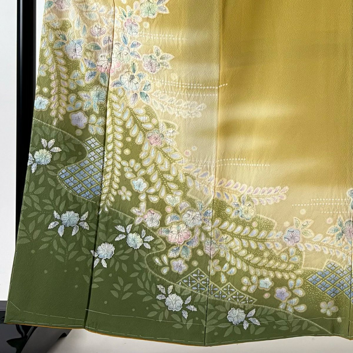 【美品】訪問服 身長162cm 袖長65.5cm M 雙層 草花紋紋 流水 絞染 漸層 芥末色 純蠶絲 名品級