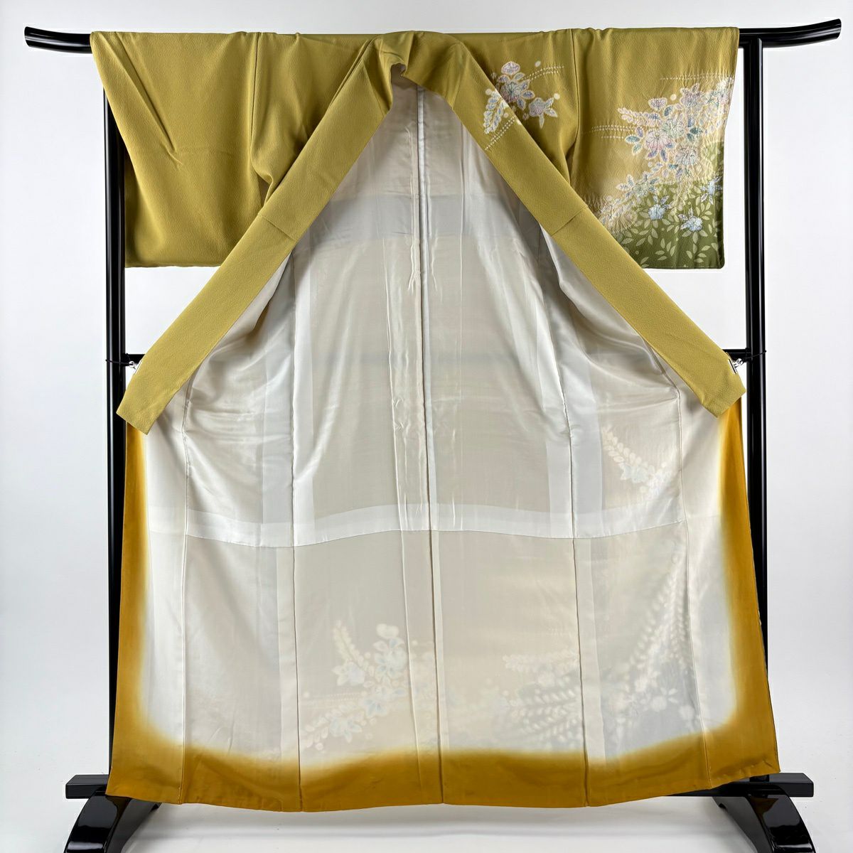 【美品】訪問服 身長162cm 袖長65.5cm M 雙層 草花紋紋 流水 絞染 漸層 芥末色 純蠶絲 名品級