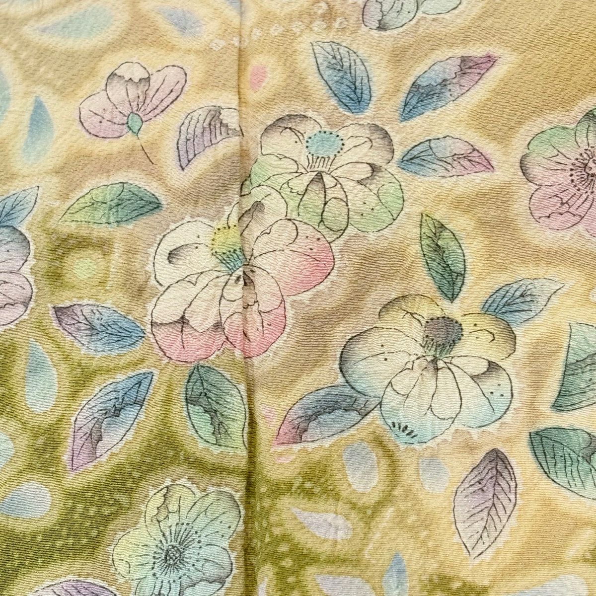 【美品】訪問服 身長162cm 袖長65.5cm M 雙層 草花紋紋 流水 絞染 漸層 芥末色 純蠶絲 名品級