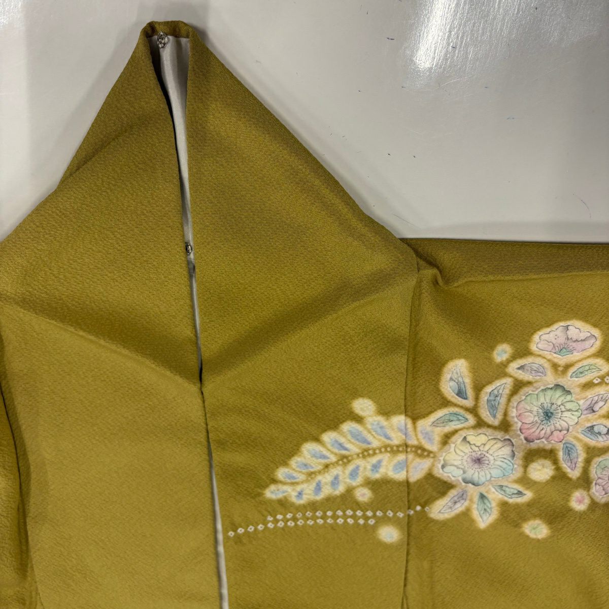 【美品】訪問服 身長162cm 袖長65.5cm M 雙層 草花紋紋 流水 絞染 漸層 芥末色 純蠶絲 名品級