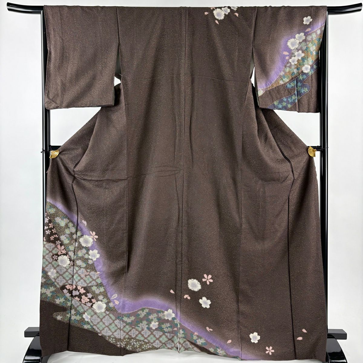 【美品】訪問服 身長167cm 袖長67cm M 雙層 櫻花 花菱 金通 金銀彩 茶紫 純蠶絲 名品級