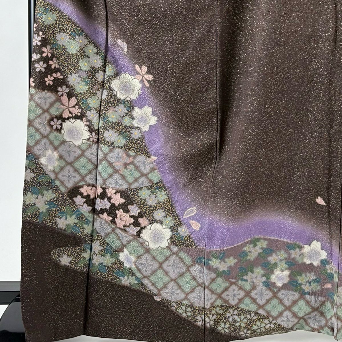 【美品】訪問服 身長167cm 袖長67cm M 雙層 櫻花 花菱 金通 金銀彩 茶紫 純蠶絲 名品級