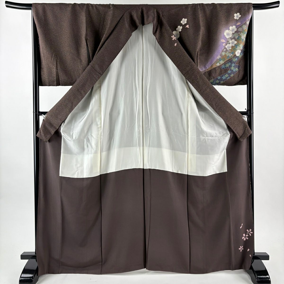 【美品】訪問服 身長167cm 袖長67cm M 雙層 櫻花 花菱 金通 金銀彩 茶紫 純蠶絲 名品級