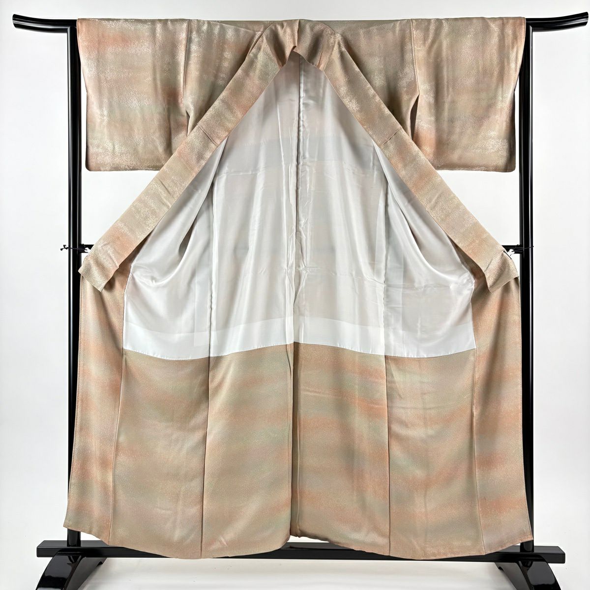 【美品】 小紋 身長156cm 袖長64cm M 雙層 押田正義 落款あり 地紋 霞 粉色米色 純蠶絲 名品級 一つ紋