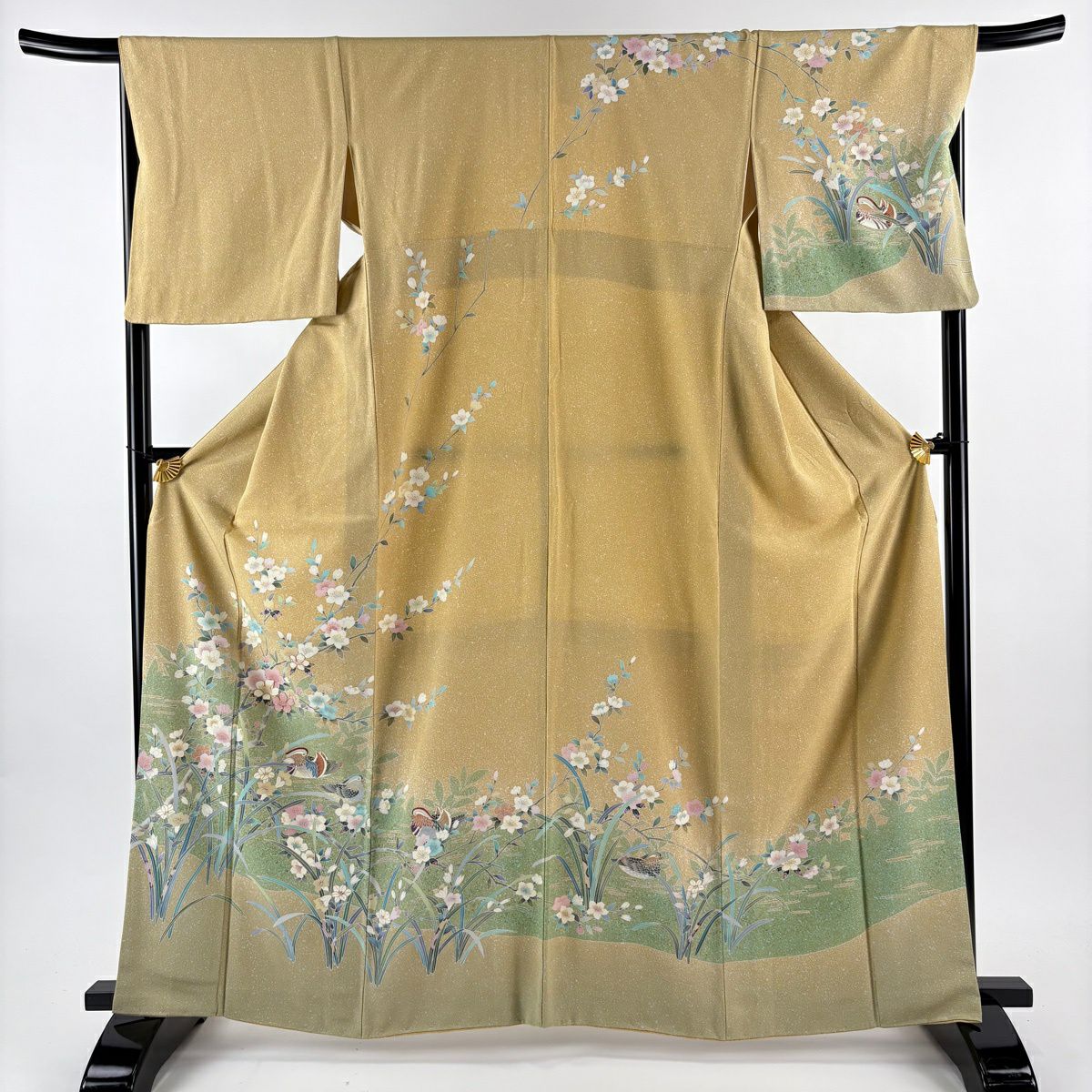 訪問服 身長163cm 袖長68cm L 雙層 枝花 鴛鴦 金絲 金銀彩 黃土 純蠶絲 名品級