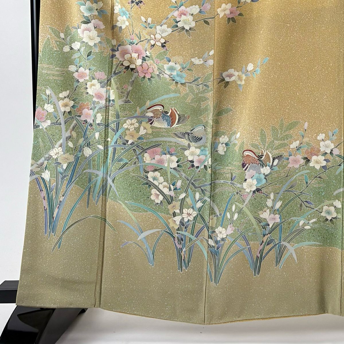訪問服 身長163cm 袖長68cm L 雙層 枝花 鴛鴦 金絲 金銀彩 黃土 純蠶絲 名品級