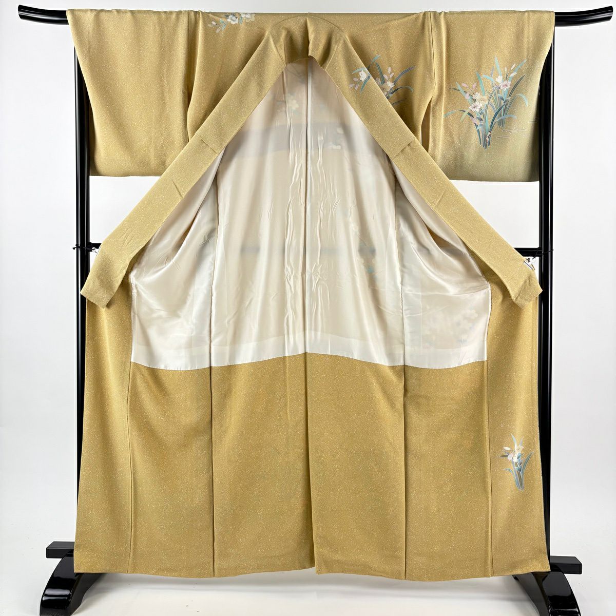 訪問服 身長163cm 袖長68cm L 雙層 枝花 鴛鴦 金絲 金銀彩 黃土 純蠶絲 名品級
