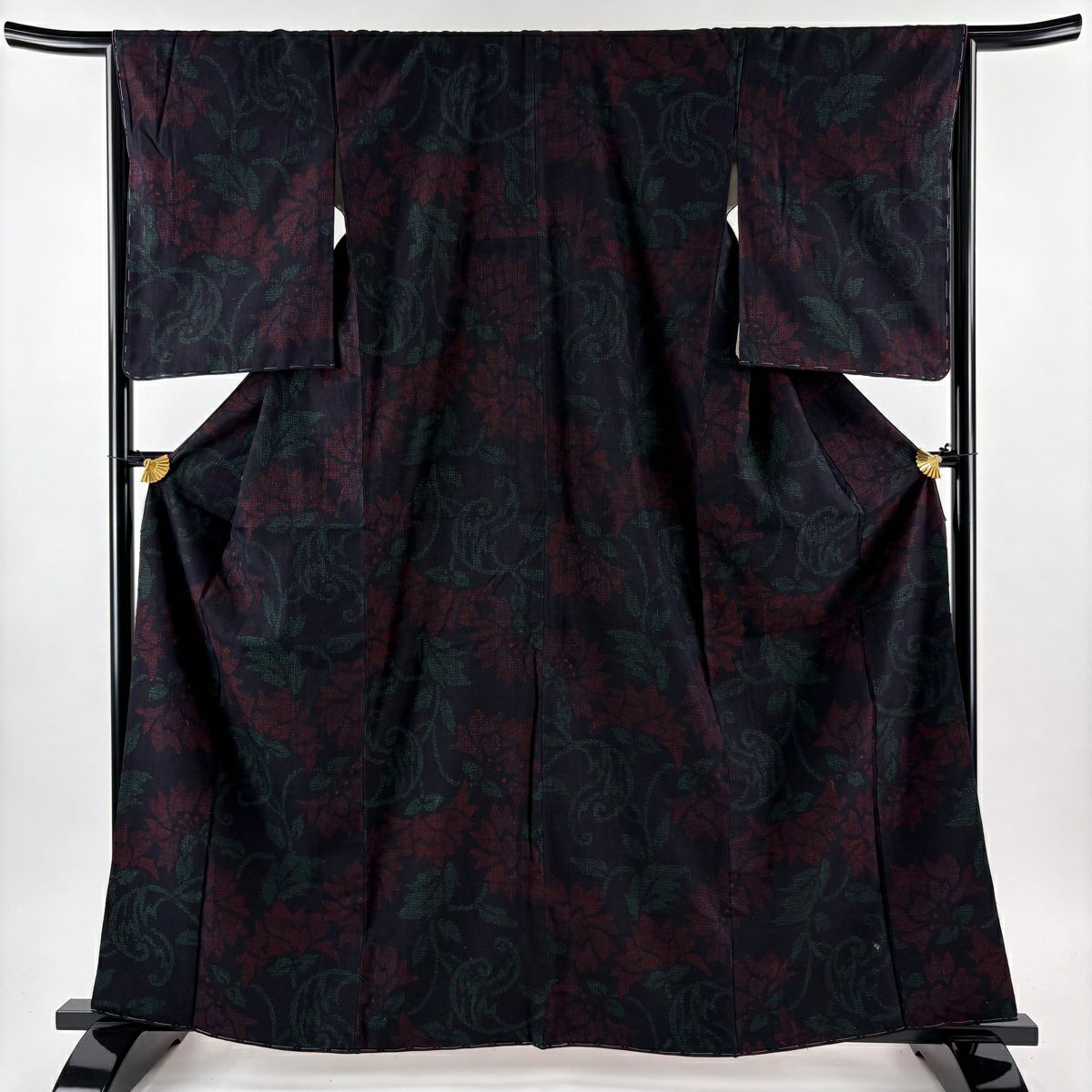 【美品】 紬織織 身長164.5cm 袖長65.5cm M 雙層 花唐草紋 深藍 純蠶絲 名品級