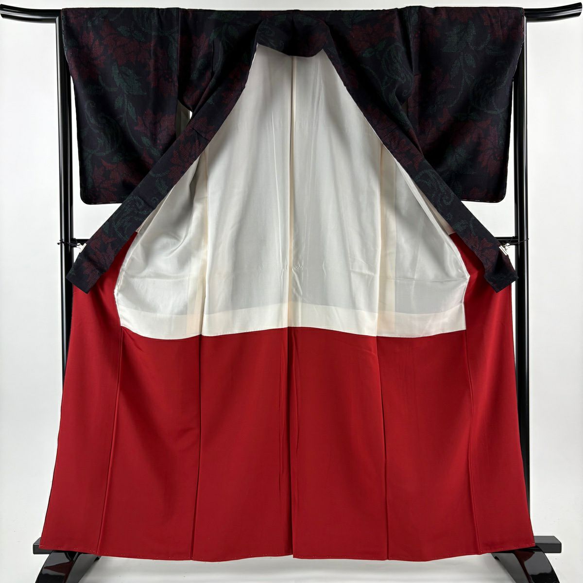 【美品】 紬織織 身長164.5cm 袖長65.5cm M 雙層 花唐草紋 深藍 純蠶絲 名品級