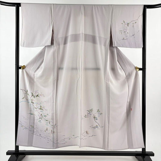 付下 身長152cm 袖長63.5cm S 單層 岡本幸治 落款有 枝花 流水 漸層 淡紫 純蠶絲 逸品級