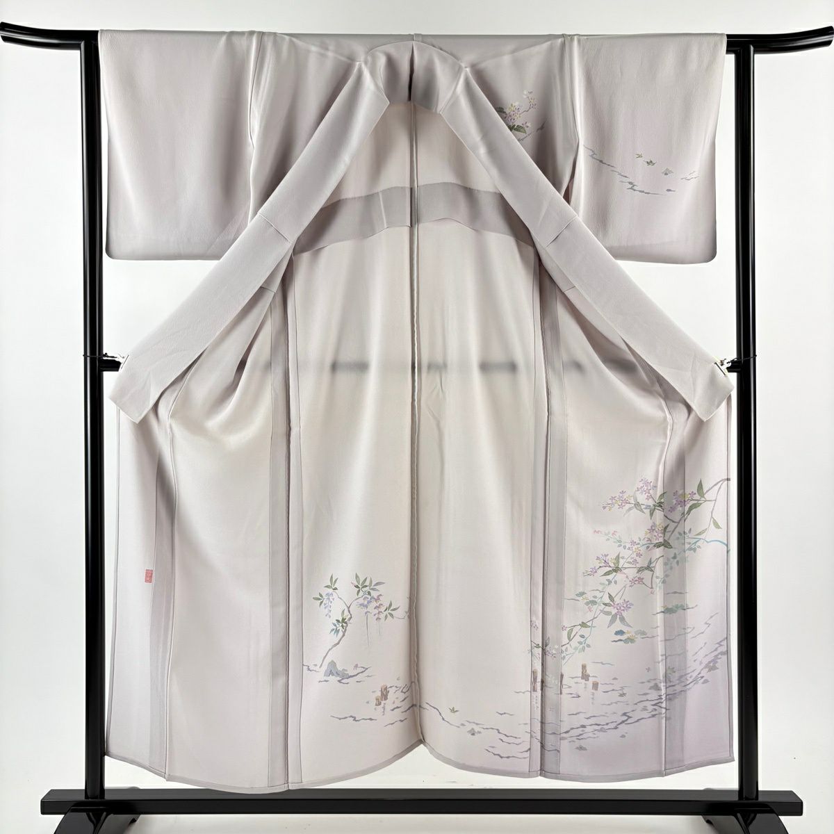 付下 身長152cm 袖長63.5cm S 單層 岡本幸治 落款有 枝花 流水 漸層 淡紫 純蠶絲 逸品級