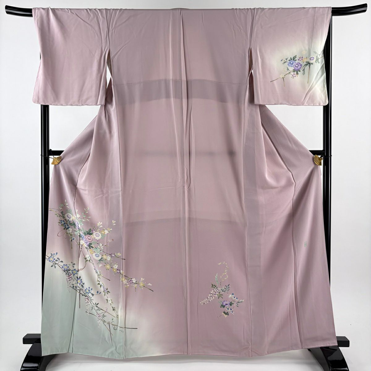 付下 身長163cm 袖長68.5cm L 雙層 岡本幸治 落款あり 菊花 椿 漸變 粉紅 純蠶絲 逸品級
