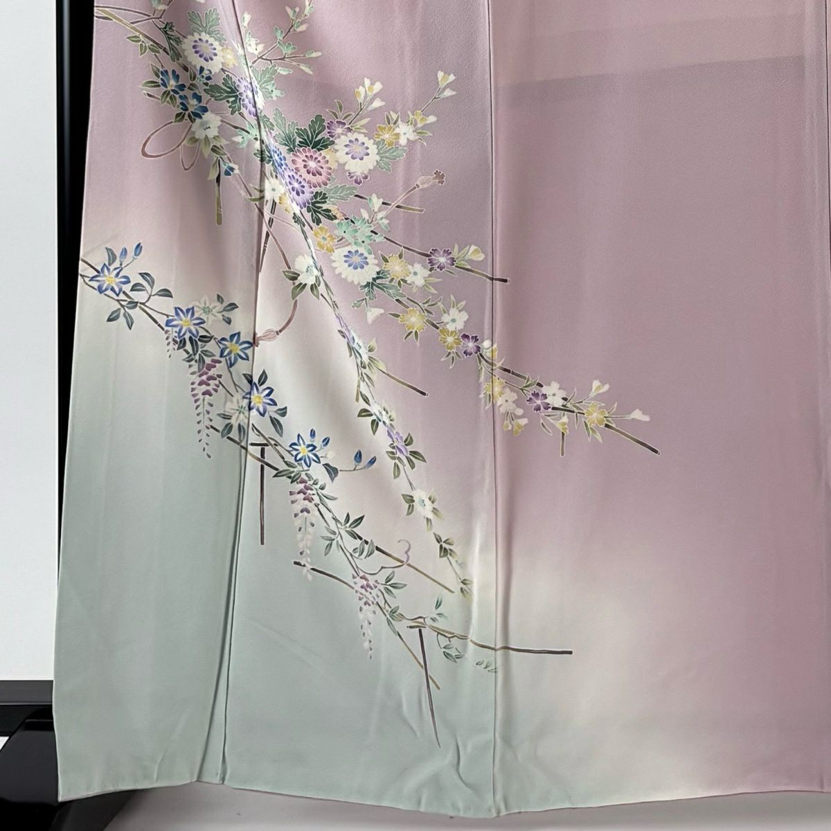 付下 身長163cm 袖長68.5cm L 雙層 岡本幸治 落款あり 菊花 椿 漸變 粉紅 純蠶絲 逸品級