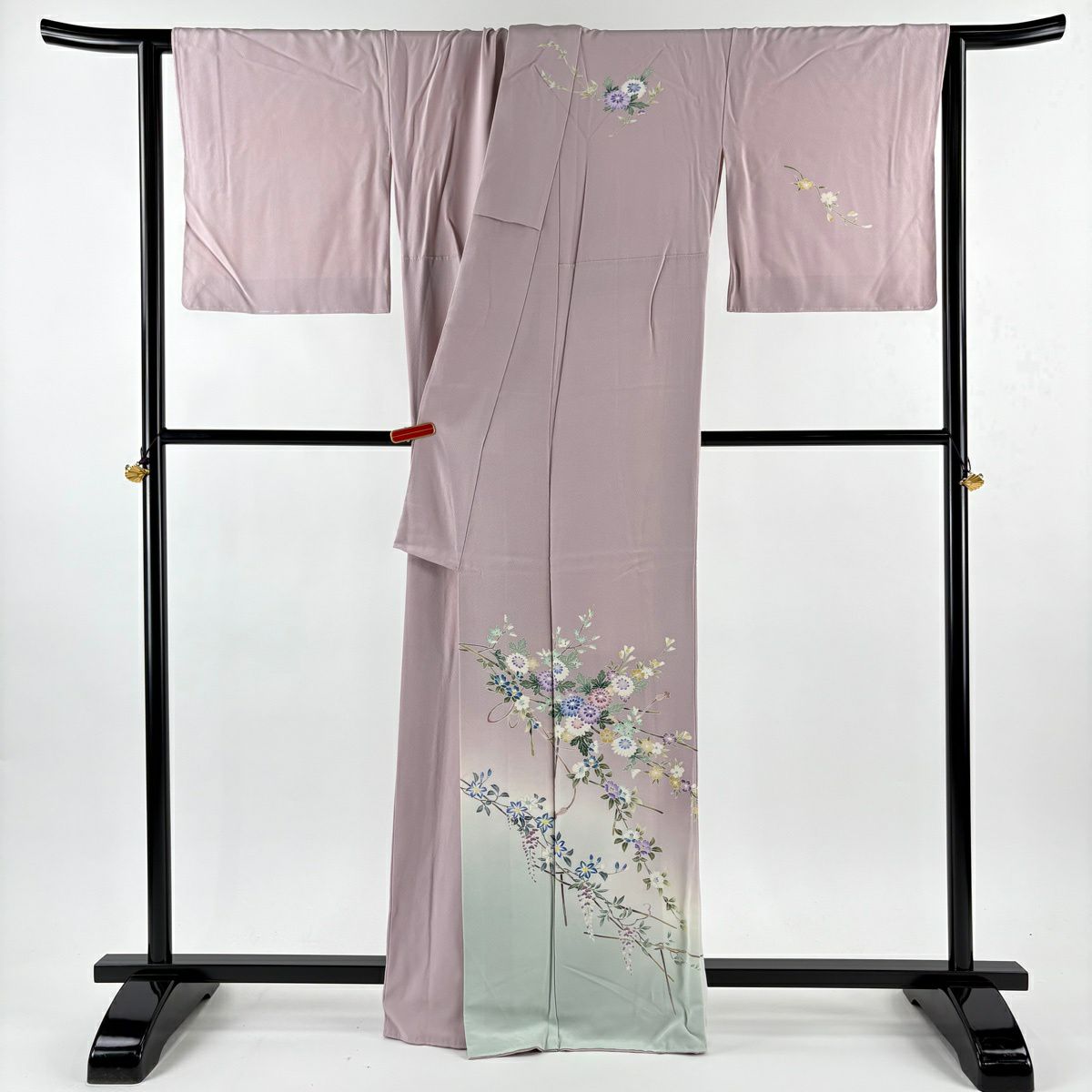 付下 身長163cm 袖長68.5cm L 雙層 岡本幸治 落款あり 菊花 椿 漸變 粉紅 純蠶絲 逸品級