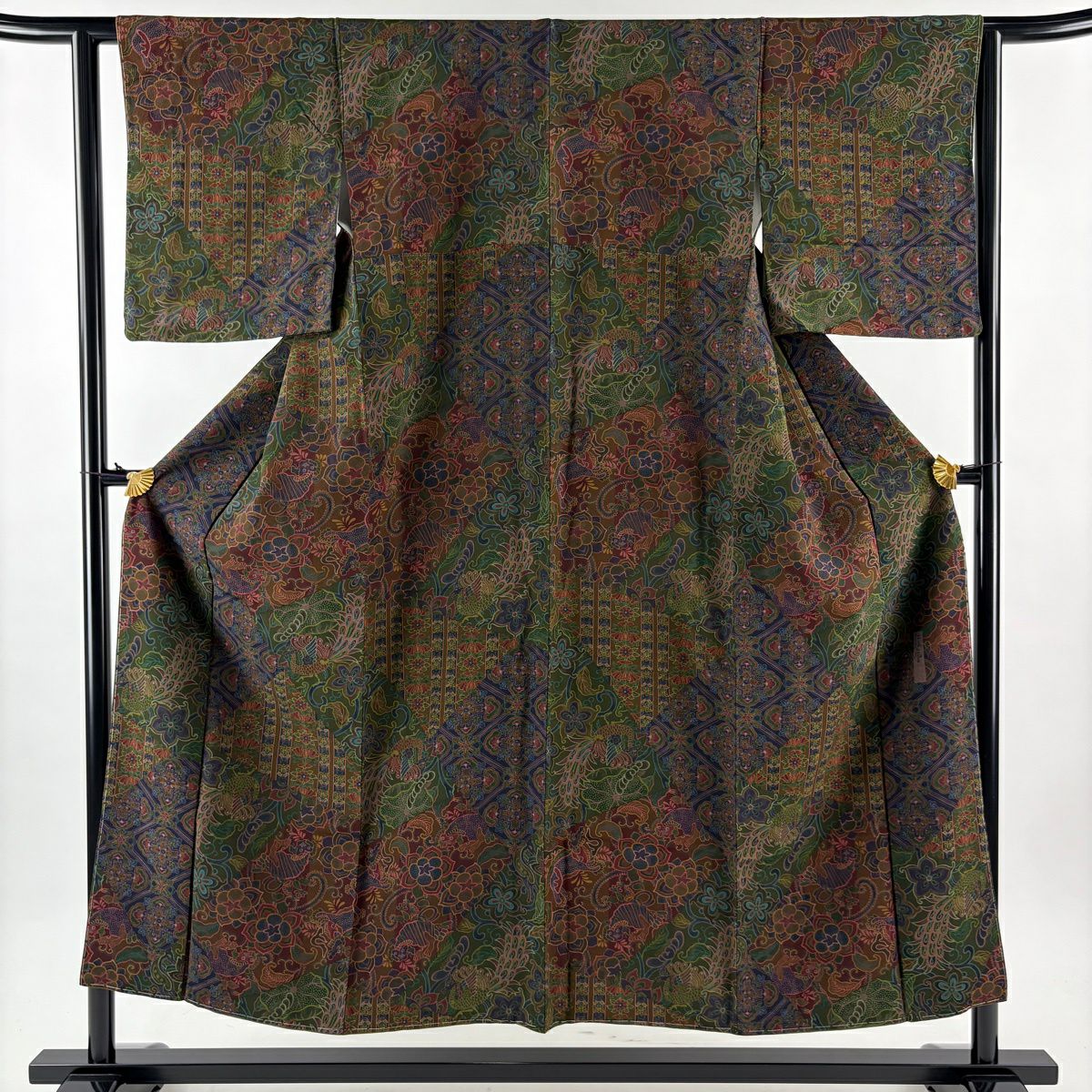 【美品】 小紋 身長151.5cm 袖長62cm S 雙層 前田仁仙 やまと 有落款 草花紋紋 孔雀 茶紫 純蠶絲 逸品級