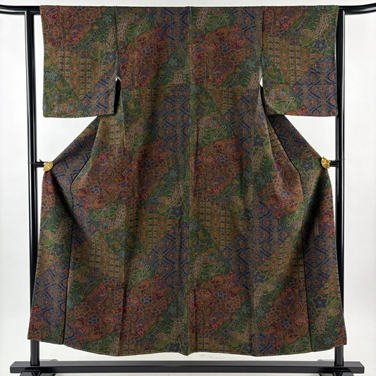 【美品】 小紋 身長151.5cm 袖長62cm S 雙層 前田仁仙 やまと 有落款 草花紋紋 孔雀 茶紫 純蠶絲 逸品級
