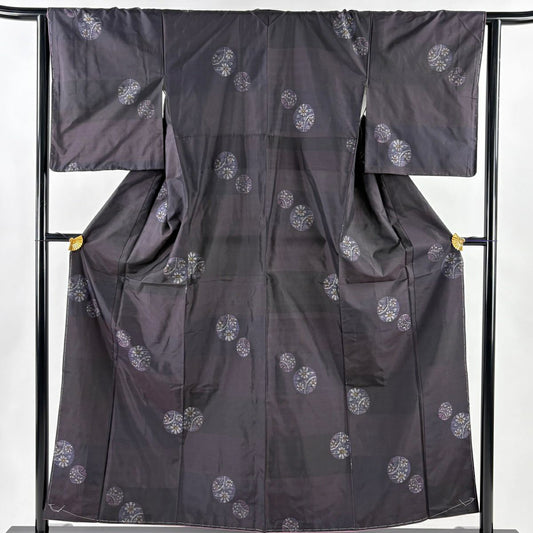 【美品】 大島紬織 身長155cm 袖長63.5cm S 雙層 證書附帶 草花紋紋 圓文 濃紫 純蠶絲 優品級